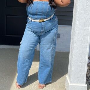 Denim tube jumpsuit, size xxl, from Target, plenty of stretch! Very cute!